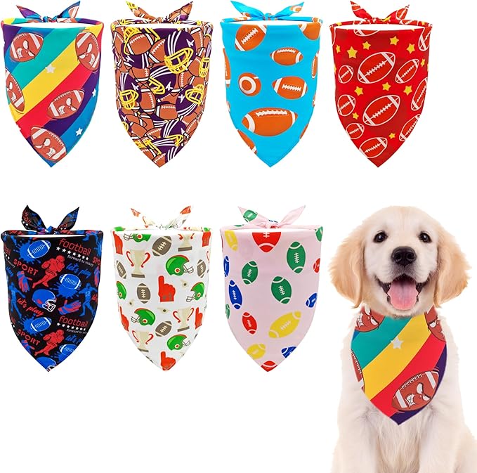7 PCS Medium Football Dog Bandanas Hemming Seam Edge Dog Bandana for Small Dogs Print One Side Large Cats Scarfs Game Day Grooming M