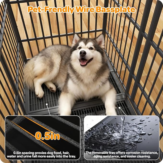Heavy Duty Indestructible Dog Crate 54 Inch with Removable Tray, Sizes & Colors Optional, Escape Proof Double Door High Anxiety Cage Indoor, Kennel with Wheels for Large Dogs, XL XXL XXL