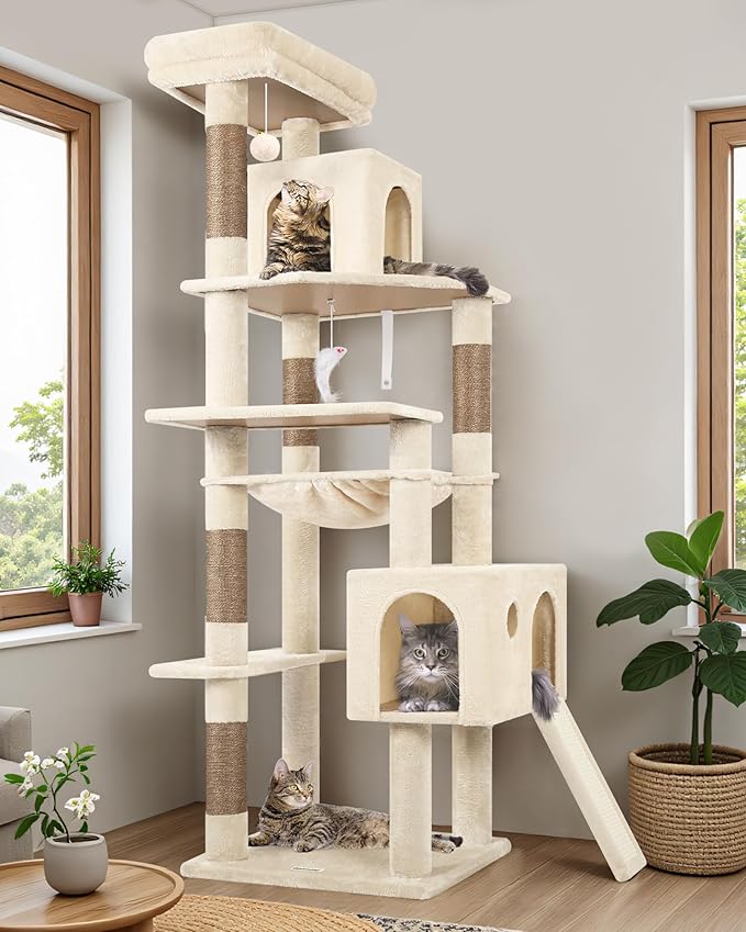 Globlazer Heavy Duty Cat Tree Tower, 70inch Sturdy Cat Tree for Indoor Cats Sturdy Large Cat Tower with Scratching Post and Scratching Board, Hammock, Cat Condo for Adult Cats Kittens, F70 Pro, Beige