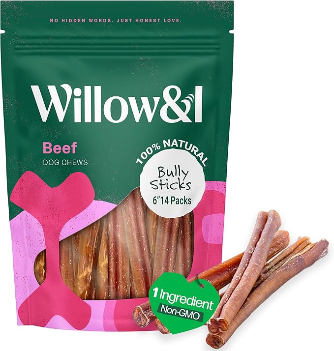 Willow & I Bully Sticks for Dogs -6 Inch Natural Bully Sticks for Medium Dogs, Small & Large- Premium 100% Grass Fed, Single Ingredient, Long Lasting, High Protein-Grain & Rawhide Free (6", 14 Pack)