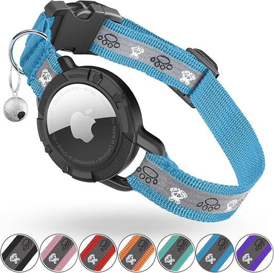 Reflective AirTag Cat Collar, Integrated Cat Tracker Collar with Air Tag Holder and Bell, Safety Elastic Band Cat GPS Collars for Girl Boy Cats, Kittens and Puppies (Blue, S)