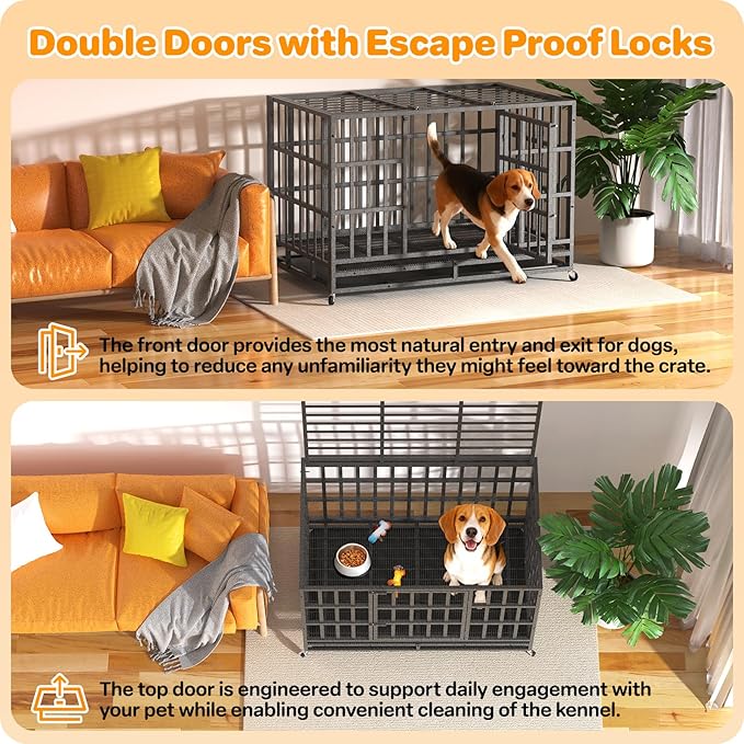 Heavy Duty Indestructible Dog Crate 42 Inch with Removable Tray, Sizes & Colors Optional, Escape Proof Double Door High Anxiety Cage Indoor, Kennel with Wheels for Large Dogs, XL XXL XXL