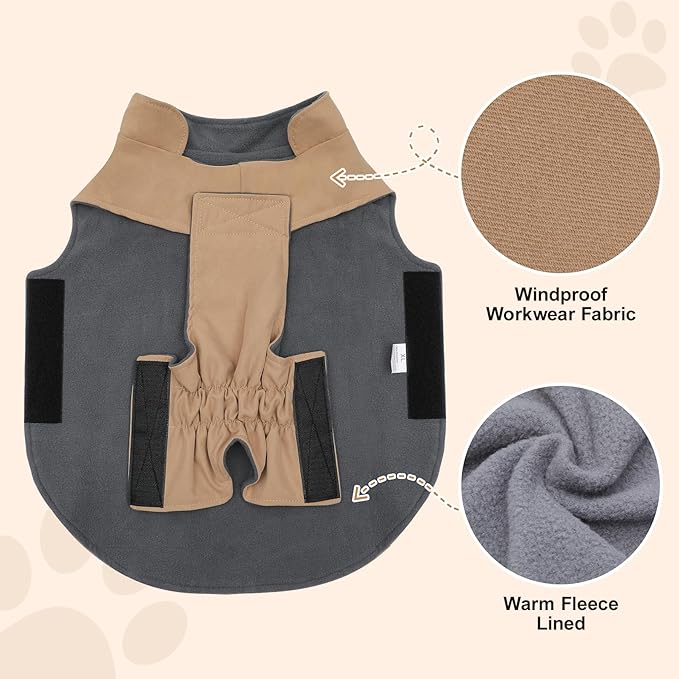 Workwear Style Dog Coats with Harness Built in for Small Dogs Windproof Warm Puppy Jacket with Storage Pockets for Cold Winter,LightBeige XXXL