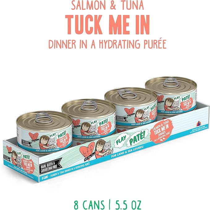 Weruva B.F.F. Play - Best Feline Friend Paté Lovers, Aw Yeah!, Salmon & Tuna Tuck Me in with Salmon & Tuna, 5.5oz Can (Pack of 8)
