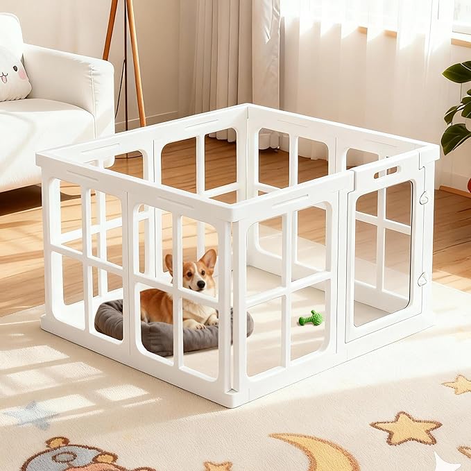 Clear Dog Playpen Indoor, 24" Acrylic Plastic Pet Play Pen with Door, Playpen for Puppy Cat Rabbit Ferret, Easy to Install Preferable Playpen for Small Dogs, Customizable, White 8 PCS