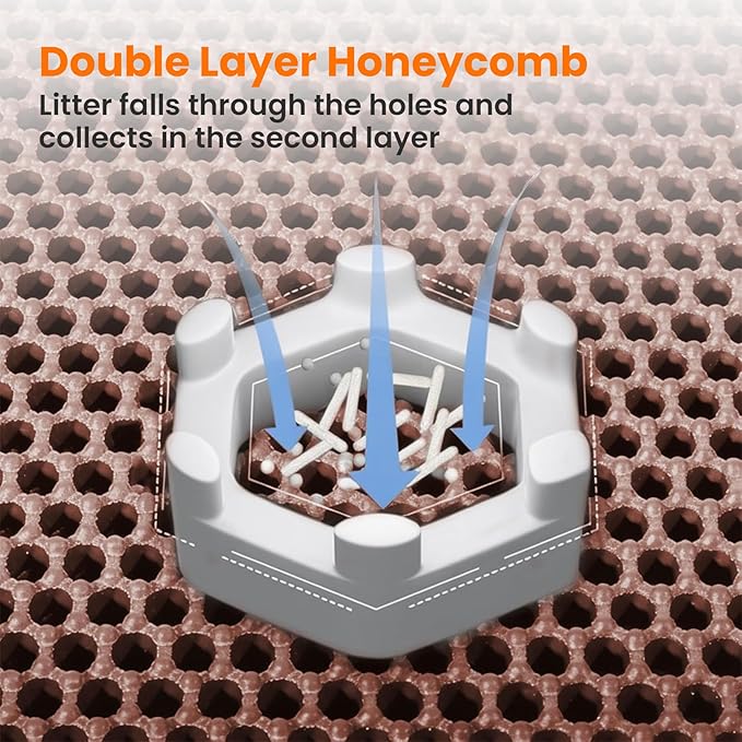 Extra Large Cat Litter Mat, 30x22 Inches Honeycomb Double Layer Cat Litter Trapping Mat, Non Slip Waterproof Urine Proof Large Kitty Litter Box Mat for Floor, Kitten Supplies, XL, Brown