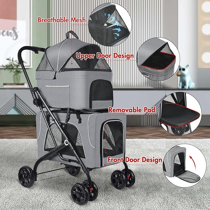 Petmolico Double Pet Stroller for 2 Cats/Dogs Strollers,2 Detachable Cat Carrier,No-Zip Double Pet Travel Storller for Small/Medium Dogs(Grey&Black)