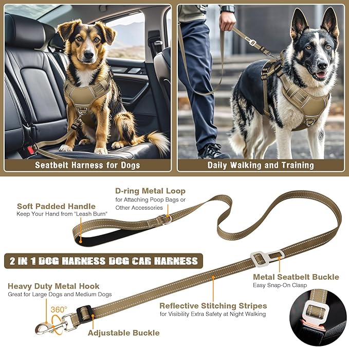 Tactical Dog Harness and Leash Set Small Sized Dog,Heavy Duty No Pull Service Dog Vest and 10 Patches with Dog Seat Belt,Reflective Adjustable Pet Harness for Training Walking Hiking Brown S
