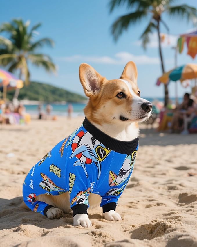 PET SHOW 4 Pack Dog Pajamas Dinosaur Shark for Small Medium Dogs Boy Soft Stretchy PJs Plaid Jumpsuit Dog Paw Onesies Outfits with Sleeve Pets Breathable Summer Clothes Costume XL