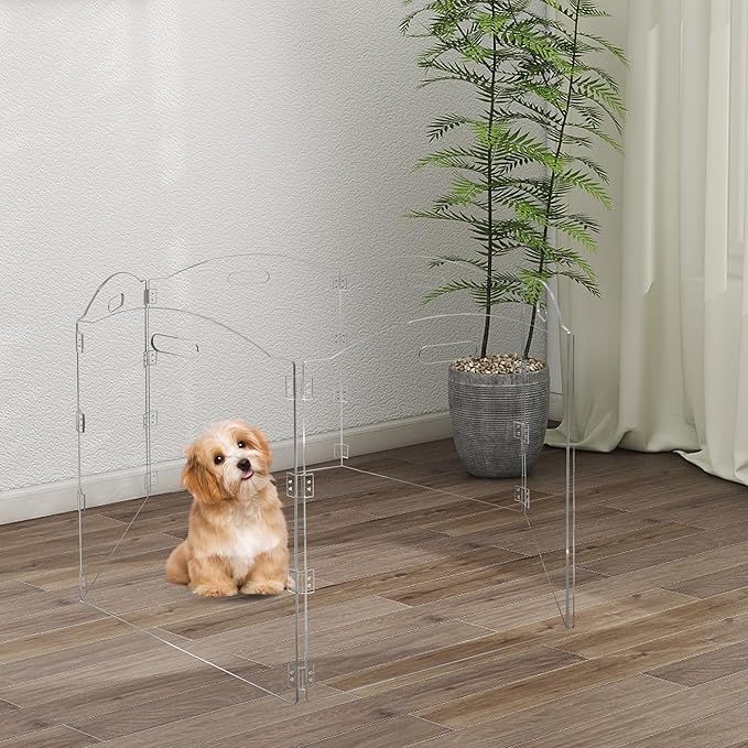 Acrylic Dog Playpen for House 6 Panel 120" W x 24" H Foldable Dog Gate Indoor with Handles, Free-Standing Pet Fence Clear Dog Pen for Medium Dogs Puppy Cat Rabbit Accessories
