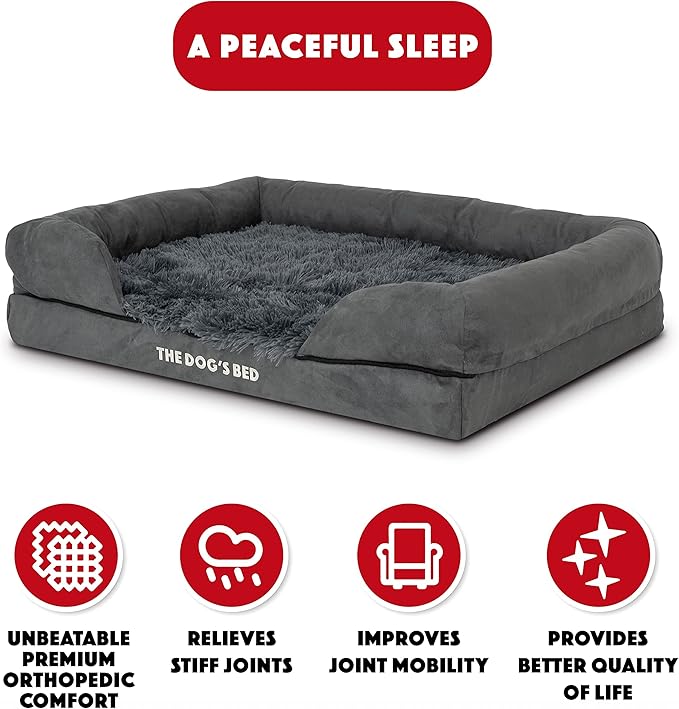 The Dog’s Bed, Medium Grey Faux Fur, Memory Foam, Pain Relief: Arthritis, Hip & Elbow Dysplasia, Post Surgery, Lameness, Supportive, Calming, Washable Cover