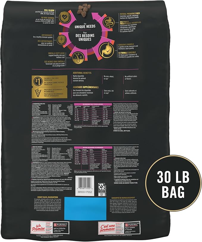 Purina Pro Plan Sensitive Skin and Stomach Dog Food Dry, Adult Salmon & Rice Formula, Digestive Health - 30 lb. Bag