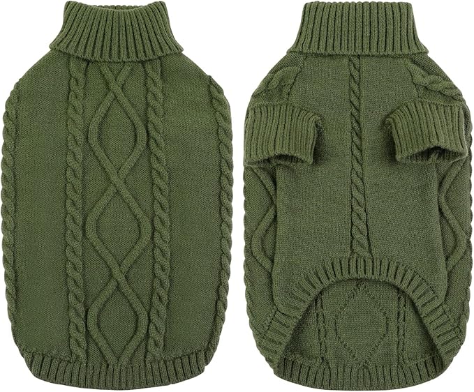 Queenmore Small Dog Pullover Sweater, Cold Weather Cable Knitwear, Classic Turtleneck Thick Warm Clothes for Chihuahua, Bulldog, Dachshund, Pug (Army Green, Small)
