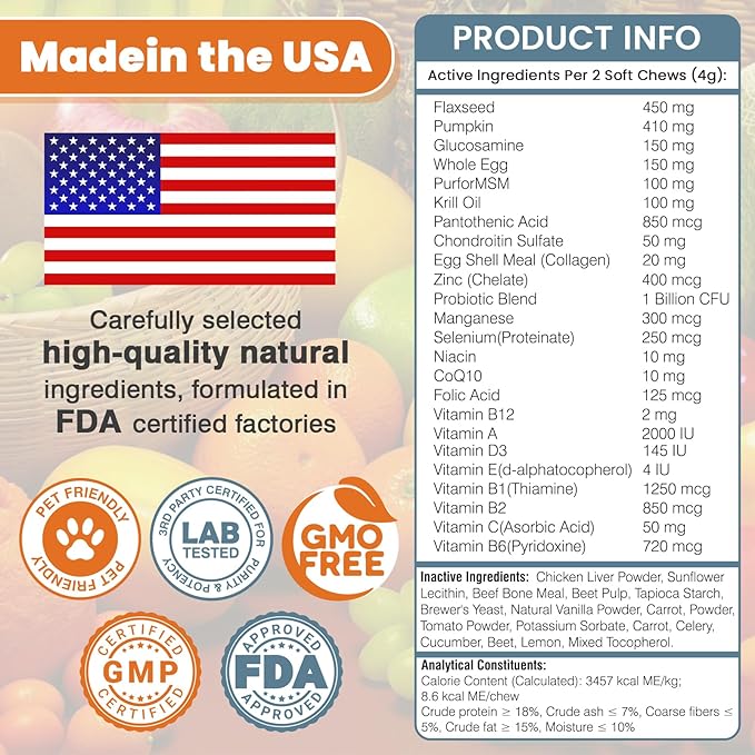 24-in-1 Dog Vitamins and Supplements 200 Ct Dogs Multivitamin Chewable Contain Chondroitin Probiotics Omega-3 Glucosamine for Dogs Skin Coat Heart Joint Gut Liver Brain Immune Support - Peanut Butter