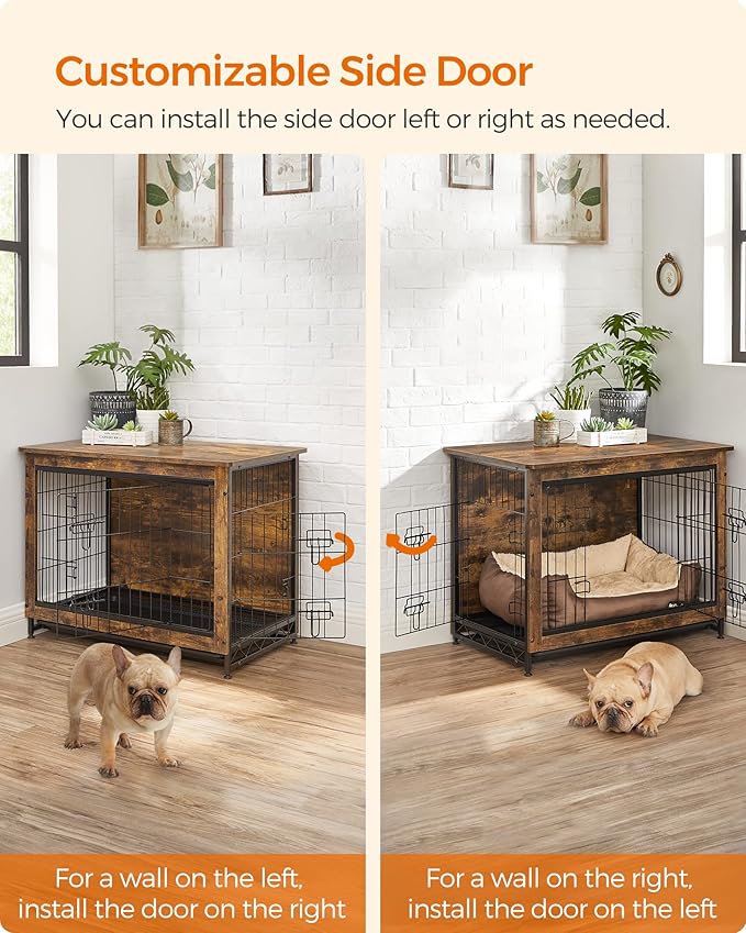 Feandrea Dog Crate Furniture, 32.5" Side End Table, Modern Kennel for Dogs Indoor up to 45 lb, Heavy-Duty Dog Cage with Multi-Purpose Removable Tray, Double-Door Dog House, Rustic Brown UPFC002X01