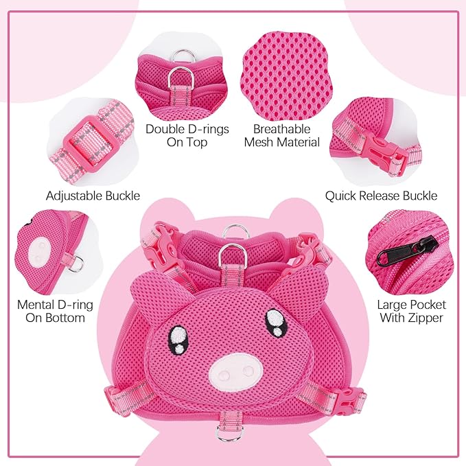 IDOMIK Dog Backpack Harness, No-Pull Dog Backpack with D-Ring for Small Medium Dogs, Cute Self Carrier Backpack for Dogs to Wear, Adjustable Dog Harness Backpack for Traveling Camping Hiking,Pig,XS