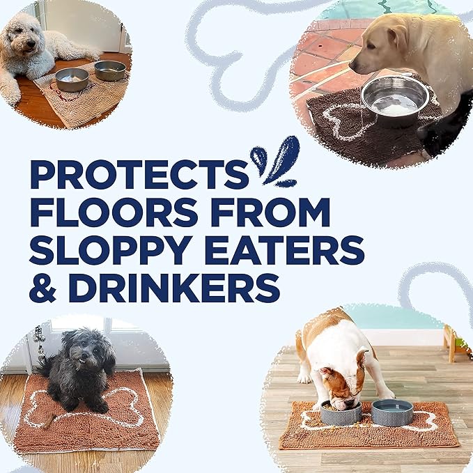 Soggy Doggy Slopmat - Water Absorbing Door Mat for Food and Water - Microfiber Chenille Rug for Muddy Paws and Messy Eaters - Machine Washable (Navy Blue/Oatmeal Bone, 18” x 24″)