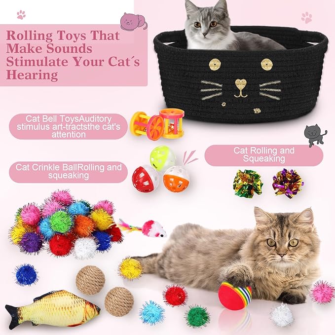 Zopeal 58 Pcs Cat Storage Basket Gift Toys Set, Colorful Flashing Balls Pet Bell Crinkle Balls Spring Toys Attract Cat to Swat, Bite, Hunt, Interactive for Pet(Black,9.8 Inch)