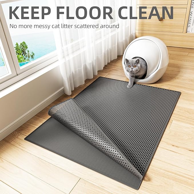 ESTHELLO Cat Litter Mat Large, Cat Litter Trapping Mat, Honeycomb Double Layer Design, Easy to Clean,Washable (36’’ x 30’’ Black)