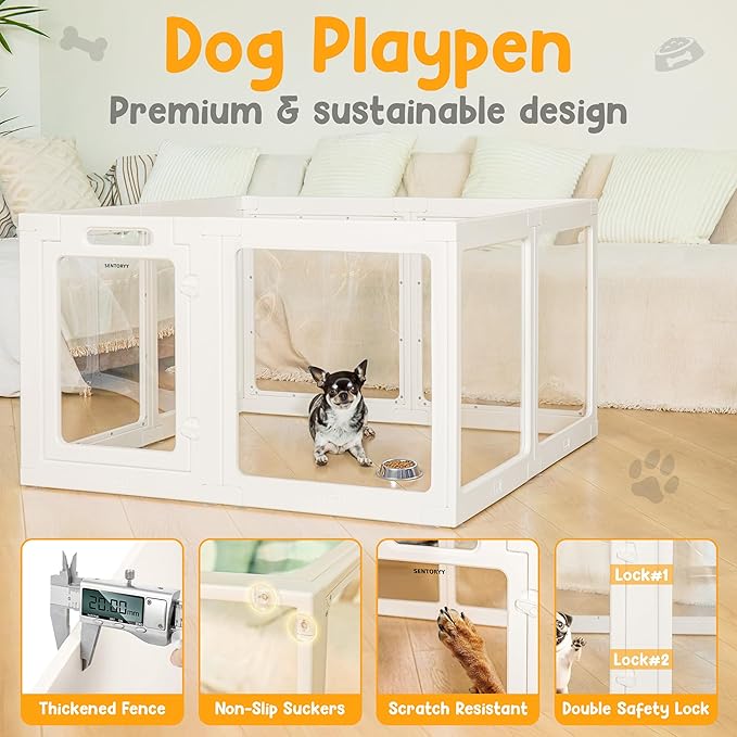 Transparent Indoor Dog Playpen with Safety Lock, Indoor Dog Fence for Small & Medium Pets | Secure, Stylish, Easy Clean Play Pen for Dogs & Pets with Scratch Resistant Panels (White, 8 Panel)