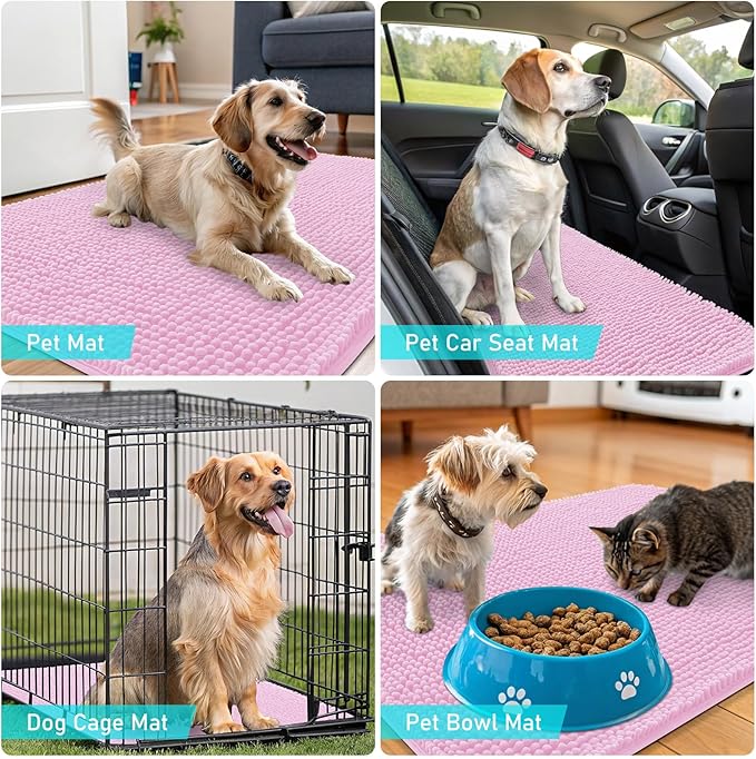 OLANLY Dog Door Mat for Muddy Paws 24x16, Absorbs Moisture and Dirt, Absorbent Non-Slip Washable Doormat, Quick Dry Chenille Mud Mat for Dogs, Entry Indoor Entryway Carpet for Inside Floor, Pink