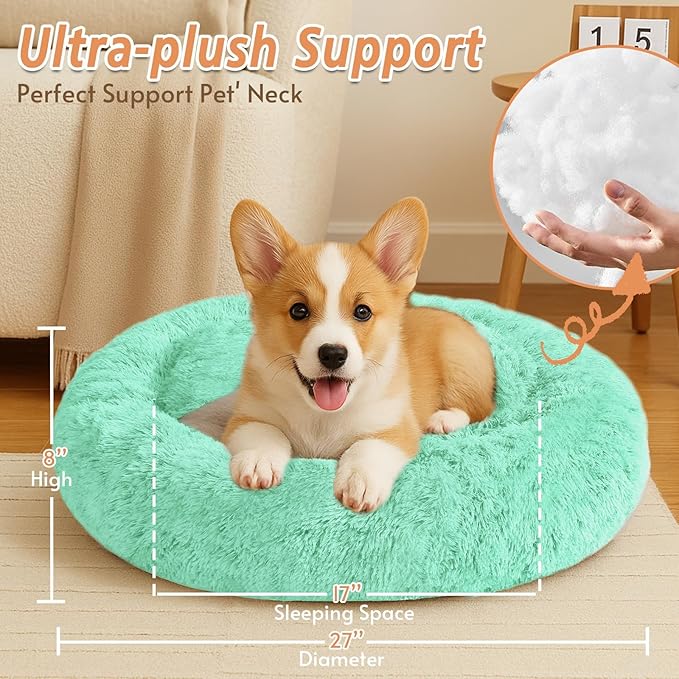 JOLLYVOGUE Calming Dog & Cat Bed for Small Dogs, Anti-Anxiety Donut Cuddler Cozy Soft Round Bed with Anti-Slip Bottom, Fluffy Faux Fur Plush Cushion Beds for Small Medium Dogs (27")
