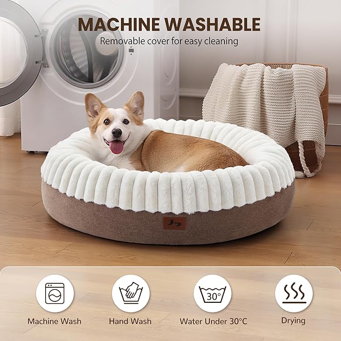 Calming Donut Dog Bed - 30" Round Washable Corduroy Fleece Pet Bed with Anti-Slip Bottom, Anti-Anxiety Cushion Bed for Small Medium Dogs and Cats