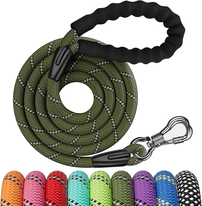 NTR 6FT Heavy Duty Olive Rope Dog Leash with Swivel Lockable Hook and Comfortable Padded Handle for Small to Large Dogs - Training, Playing, Camping, or Backyard