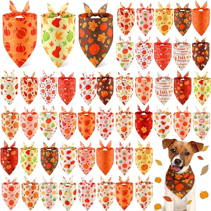 Abbylike 50 Pcs Fall Thanksgiving Dog Bandana Bulk Pumpkin Bandana for Dogs Triangle Kerchief Bib Scarf for Pets Autumn Costume Photo Props Accessories Pet Shops, 25 Styles (25.6 x 17.7 x 17.7)