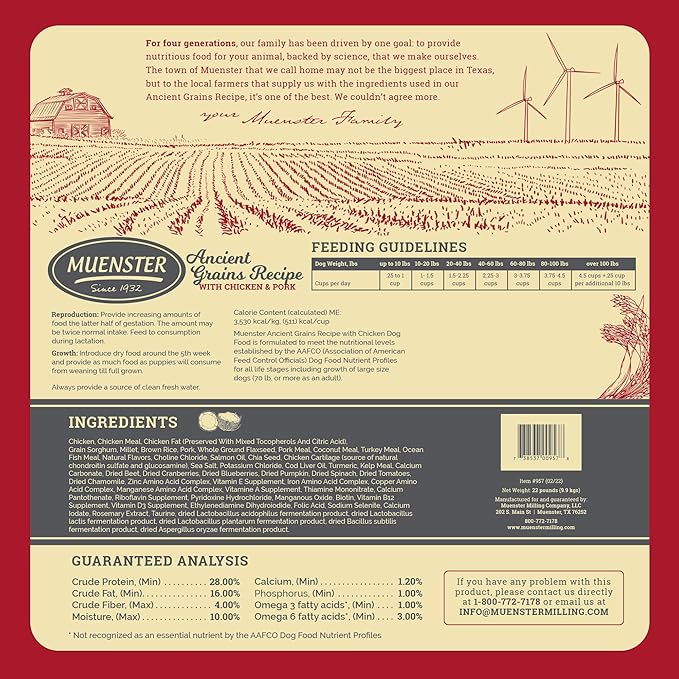 Muenster Ancient Grains Chicken & Pork Dry Dog Food, 22lb - Gluten-Free, High Protein, Digestive Support