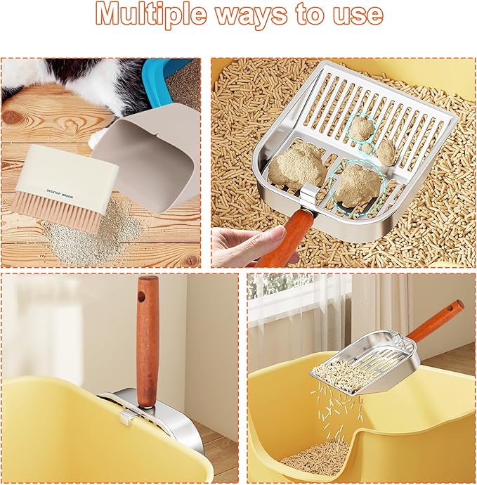 Stainless Steel Cat Litter Scoop with Holder, Kitty Poop Scooper Stand for Litter Box, Fast Sifting Non-Stick Cat Poop Scooper with Coarse and Fine Grids for All Litter Pan, Orange