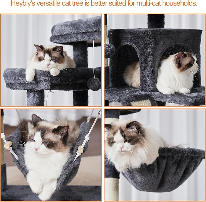 Heybly Cat Tree, 71-Inch-Tall Tower for Indoor Cats with 2 Perches, 2 Big Condos, 2 Hammocks, Basket, Scratching Pad, Large Cat Furniture and Condo, Smoky Gray HCT034G