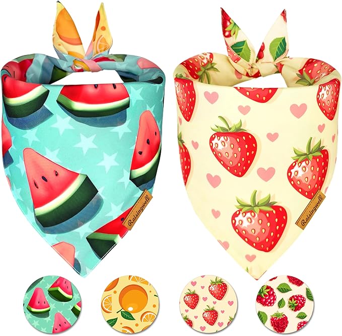 New Summer Fruit Dog Bandanas 2 Pack 4 Pattern Reversible, Holiday Bandana for Boy and Girl, Premium Durable Fabric, Party Triangle Scarf for Medium to Large Breed Dogs (Large)