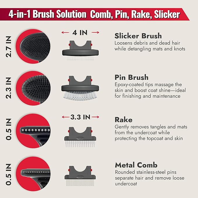 KONG 4-in-1 Interchangeable Dog Grooming Tool – Rake, Slicker, Comb & Pin Brush Heads, Versatile All-in-One Design, Non-Slip Handle, for All Coat Types, Red/Gray