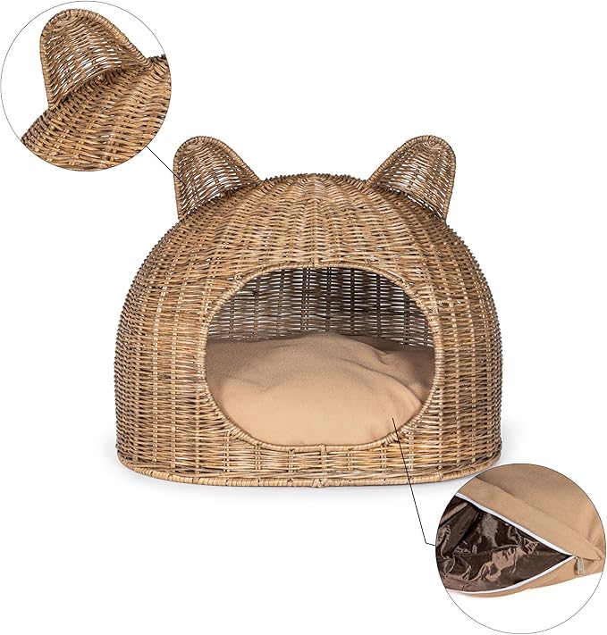 CBD1000A Cat Ear 20" x 14.5" Coastal Handwoven Rattan Cat Bed with Machine-Washable Cushion, Natural