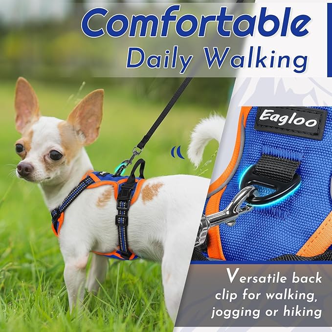 Eagloo Small Dog Harness No Pull, Service Vest with Reflective Strips and Control Handle, Adjustable and Comfortable for Walking, No Choke Pet Harness with 2 Metal Rings, Blue & Orange, XS