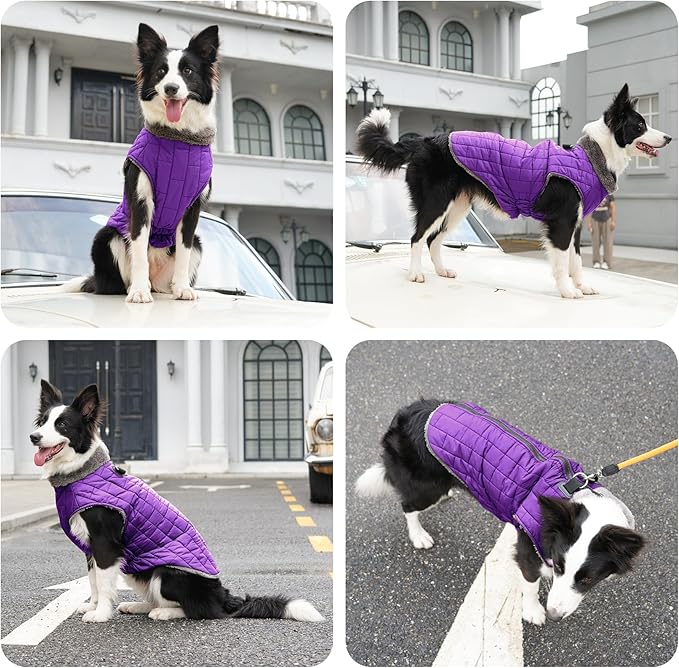 Warm Fleece Dog Coats with Durable Harness Buitl in D-Ring,Waterproof Doggie Jacket for Medium Dogs,Dog Vest for Cold Winter,Purple XL