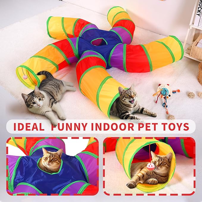 ‌Coolcandy Cat Tunnel & Interactive Cat Toy Indoor, Curved 5 Way Tunnel Toys for Indoor Cats, Collapsible Interactive Peekaboo Cave with Play Ball, for Multi-Way Play & Small Animals