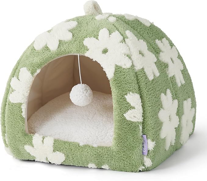 Lesure Cute Cat Beds for Indoor Cats - 2 in 1 Cat Cave Bed for Kittens and Small Pets with Removable Washable Cushioned Pillow, Cozy Ktten Tent with Non-Slip Bottom, Green, 16 inches