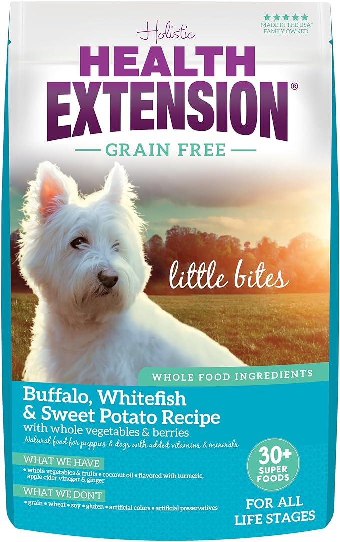 Health Extension Grain Free Buffalo & Whitefish Little Bites (1 lb / 0.45 kg) - Small Kibble Formula with Omega 3 & Whole Foods for Teacups, Toys & Miniature Dogs
