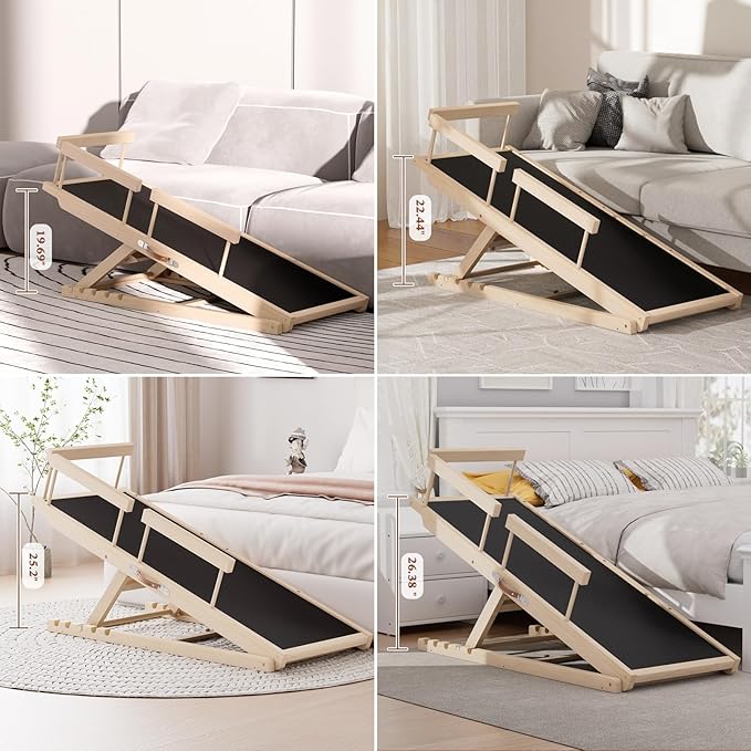 Dog Ramp for High Bed, Couch, Car, Pet Ramps 55.12" Long Adjustable 19.3"-27.17" Wooden Dog Step with Anti-slip Rubber Mat & Safety Side Rails for Small Medium Large Older Pets, up to 250 lbs