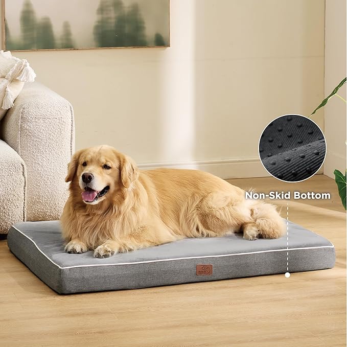 Bedsure Memory Foam Dog Crate Bed for Extra Large Dogs, XL Orthopedic Pet Beds with Removable Washable Cover and Nonskid Bottom - Plush Flannel Fleece Pet Mat, Light Grey