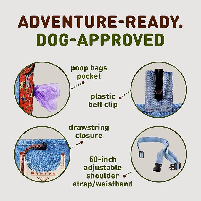 INSPECTOR TAIL Dog Treat Pouch w Cord Closure to Prevent Spills | 2 Cup Size | Hands Free - 4 Ways to Wear Tote | Pockets for Snacks Toys Poop Bags Keys Cards | Pet Training Walking & Rewarding Holder