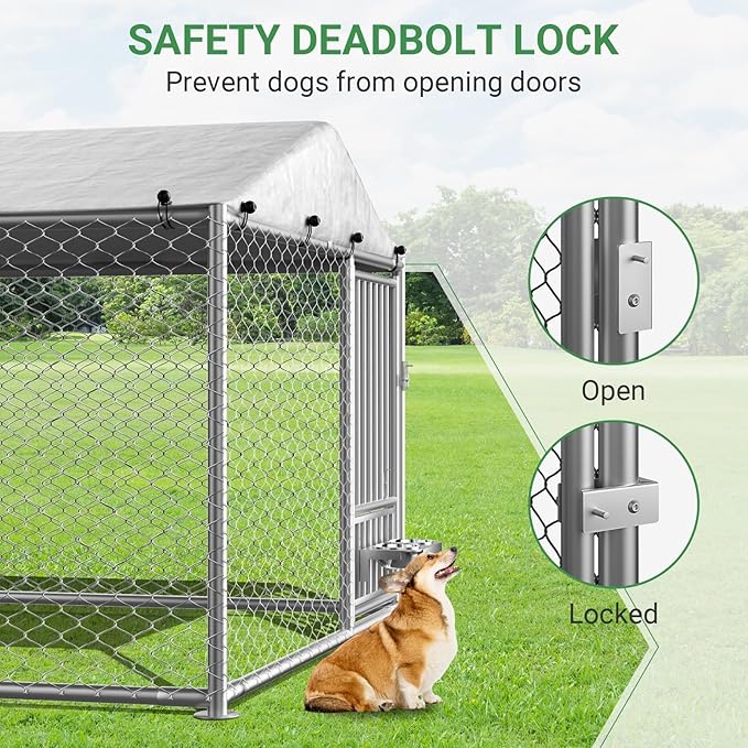 Rovibek 6.7'×6.7' Outdoor Dog Kennel with Roof, Outside Dog Kennel with Waterproof Sunproof Cover, Dog Kennels Outdoor and Enclosure with 2 Stainless Steel Bowls