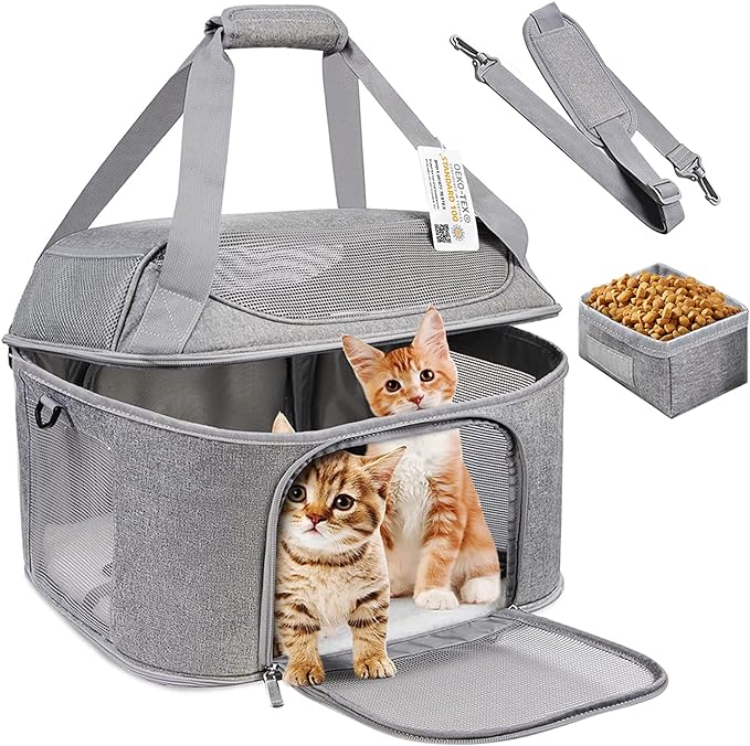 Large Cat Carrier for 2 Cats, Soft Side Pet Carrier for Cats Small Dog Up to 20 lbs, Collapsible Travel Dog Carrier Bag, Oeko-TEX Certified TSA Airline Approved Cat Carrier Backpack (Gray)