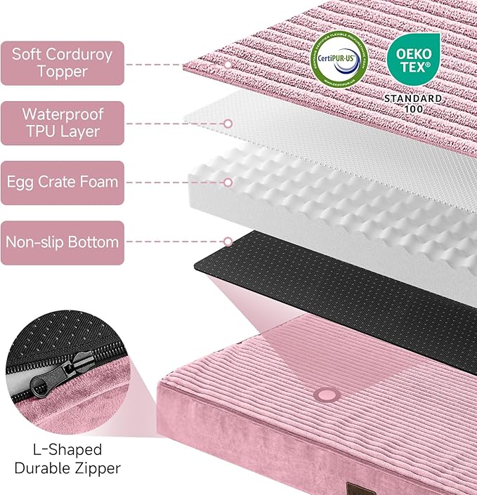 OhGeni Orthopedic Waterproof & Machine Washable Dog Bed for Medium Large Pets, Suitable for Crates, 25D Egg Crate Foam, Non-Slip Bottom & Removable Cover, 35 Inches(Pink)