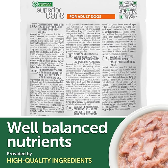 Nature's Protection Wet Dog Food Pouches for Small & Large Breed - High Protein, 24-Pack Soft Dog Food Toppers for Adult Red Fur Dogs (Superior Care - Tuna Fish, 2.46-oz)