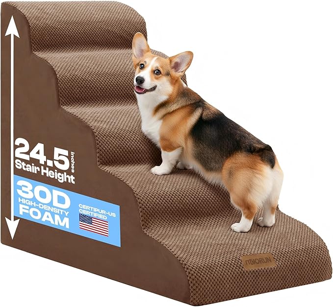 Dog Stairs for High Beds Up to 26-30", 5-Step Foam Pet Ramp with Washable Cover, Gentle Slope Steps, Bed & Couch Ladder for Small Medium Dogs & Senior Cat, Puppy Stairs to Get on Tall Furniture