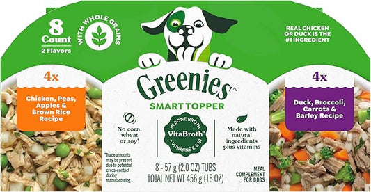 Greenies Smart Topper High Protein Wet Mix-in for Dogs, Chicken, Peas, Apples, and Brown Rice Recipe & Duck, Broccoli, Carrots and Barley Recipe Variety Pack with Whole Grains, 8 Trays of 2oz.