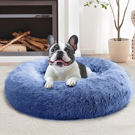 JOLLYVOGUE Calming Dog & Cat Bed for Small Dogs, Anti-Anxiety Donut Cuddler Cozy Soft Round Bed with Anti-Slip Bottom, Fluffy Faux Fur Plush Cushion Beds for Small Medium Pets (23")